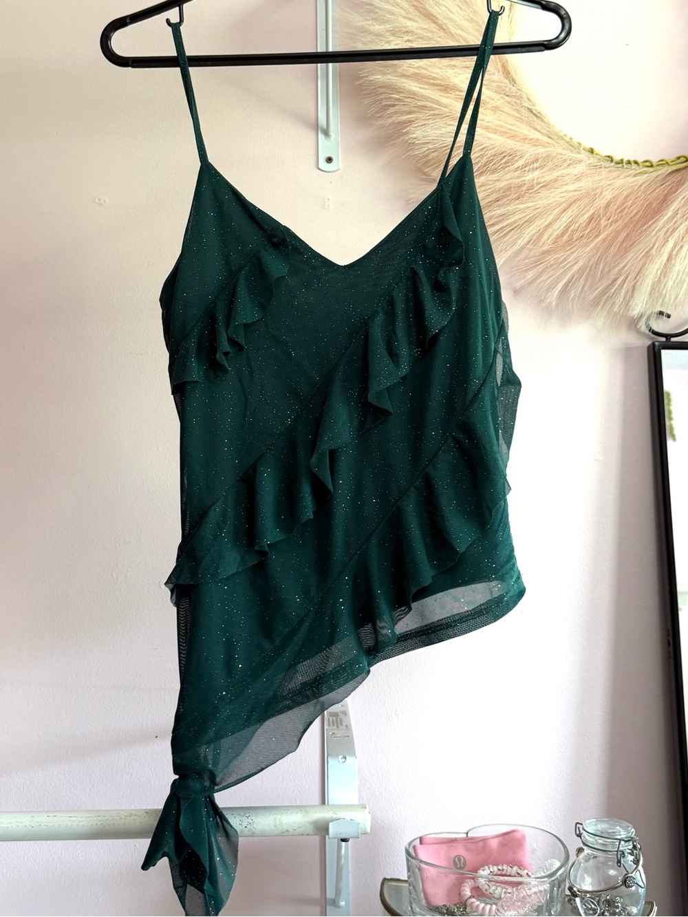 Emerald Green Fairycore Glitter Ruffled Asymmetrical Style Tie-Hem Cami Top Y2K